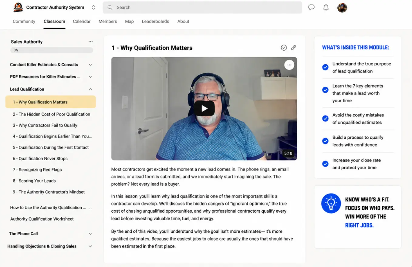 A Contractor Authority lesson, showing the lesson video, the written breakdown beneath it and the module checklist alongside