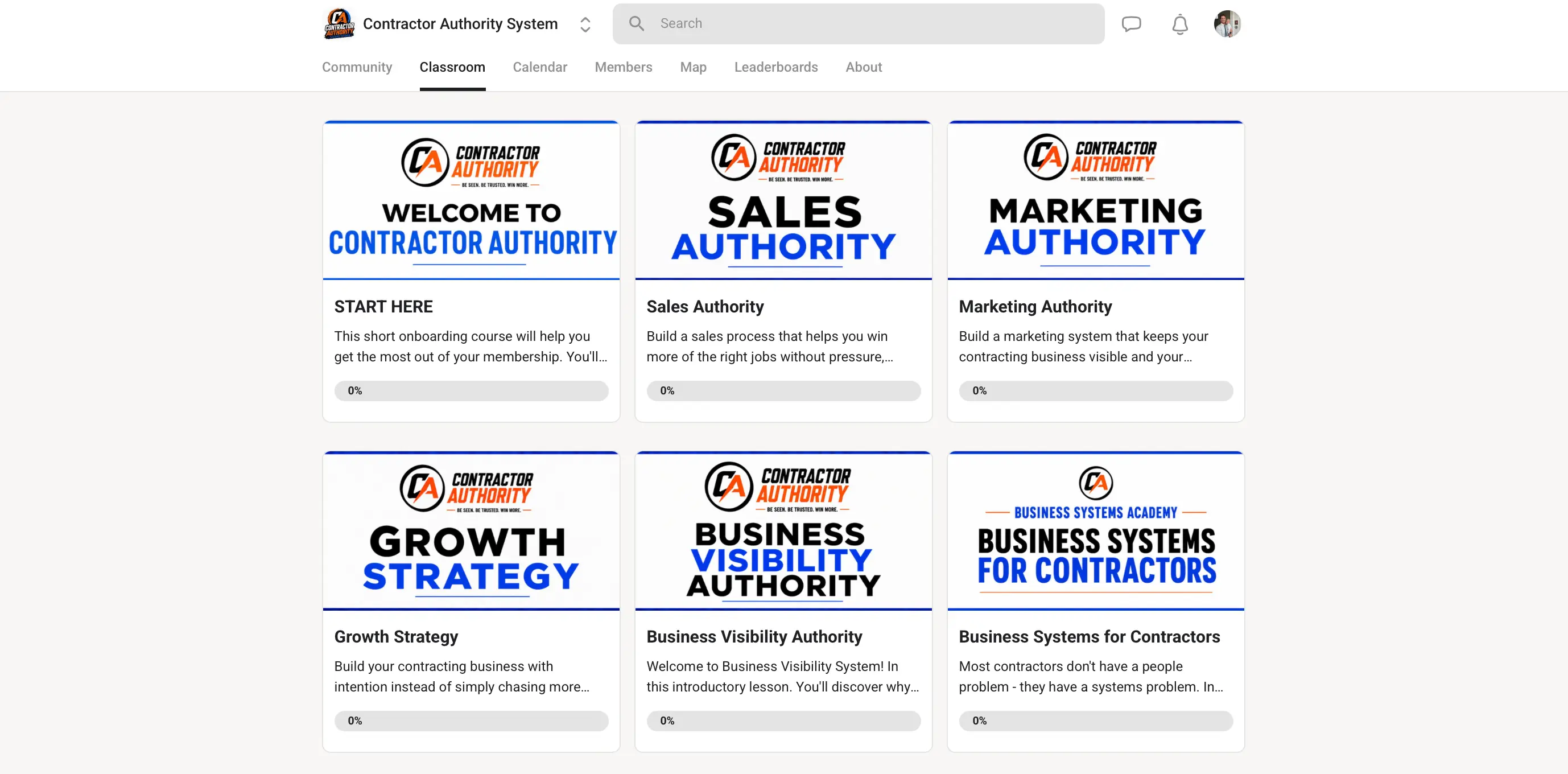 The Contractor Authority classroom, showing the Start Here onboarding course alongside the Sales Authority, Marketing Authority, Growth Strategy, Business Visibility Authority and Business Systems for Contractors courses