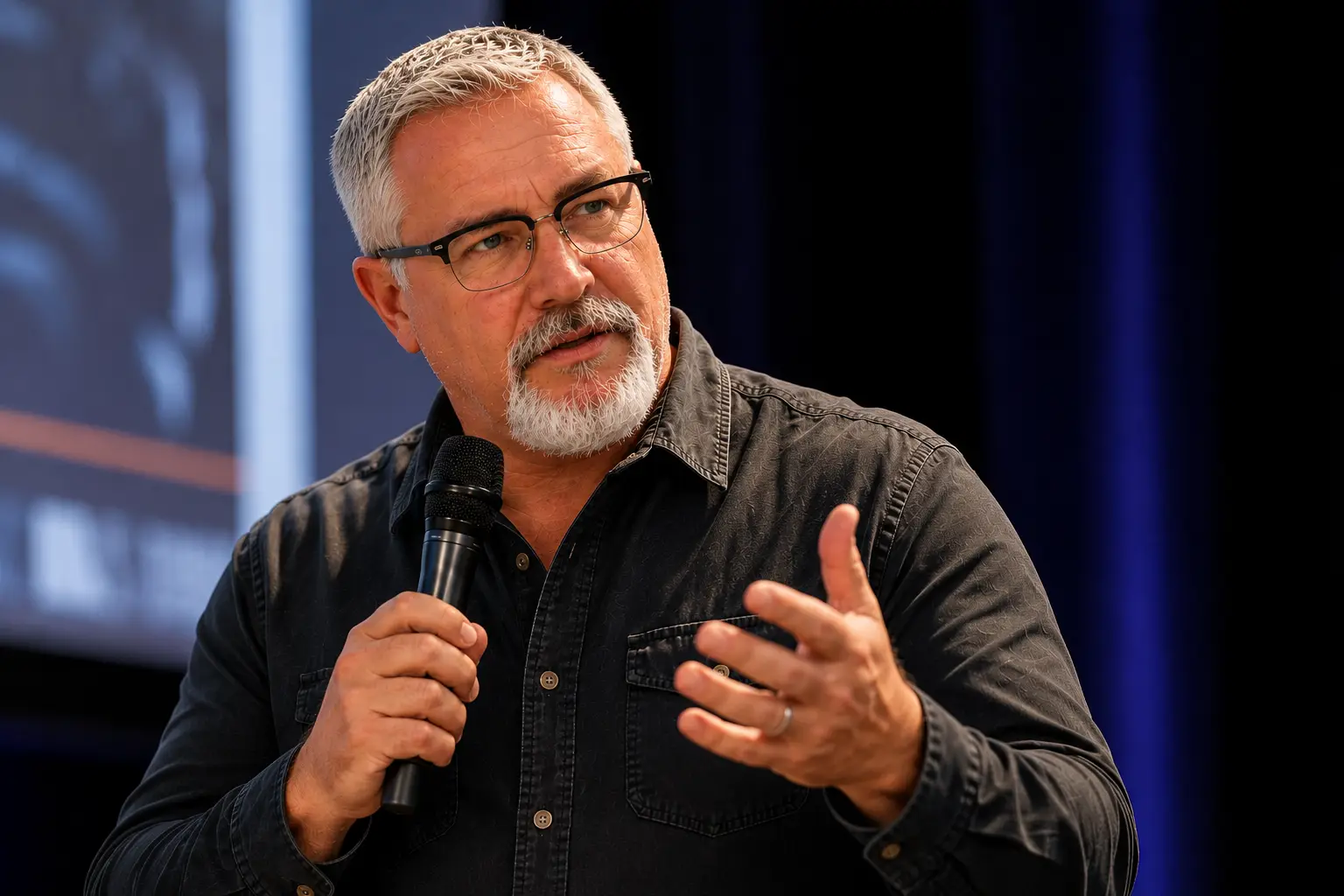 Jon Robertson speaking with a microphone in front of a presentation screen at a contractor event